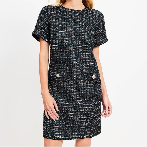 LOFT Women's Tennis Metallic Tweed Fringe Pocket Mini Dress 4 -NWT - Picture 1 of 12